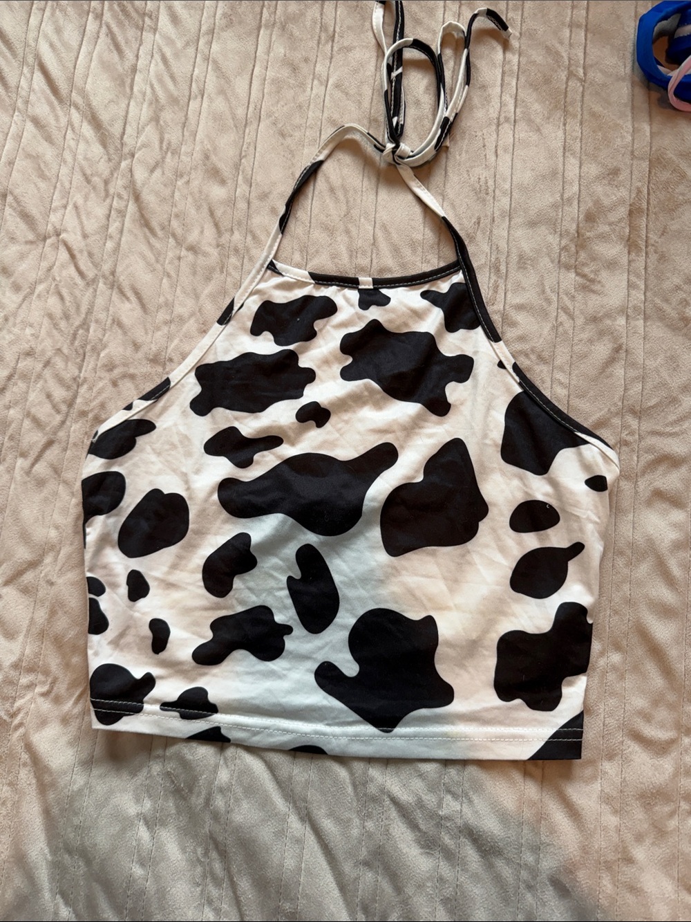 SHEIN Black and White Cow Print Halter Crop Top